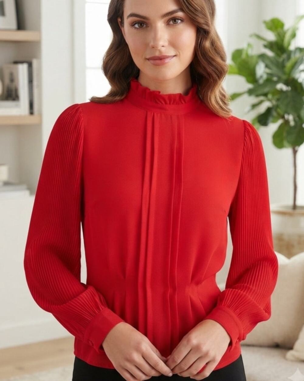 70's You Babes Fitted Ruffle Neck Back Button Blouse w/ Accordion Pleat Sleeves